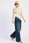 Camari Polka Dot Shoulder Side Ruched Satin Top