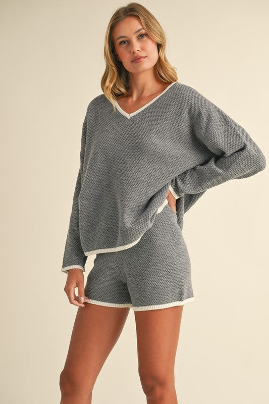 Embry Contrast Knit Long Sleeve Top & Short Set