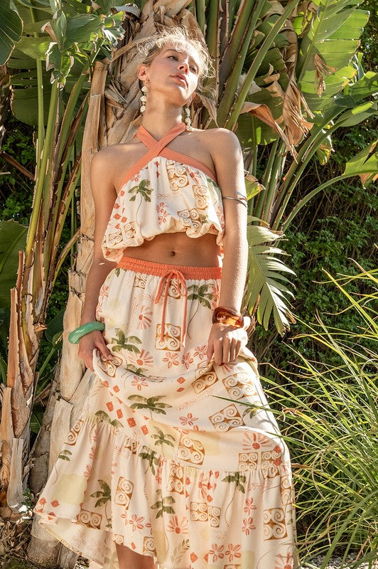 Mirelle Summer Print Halter Top & Maxi Skirt Set