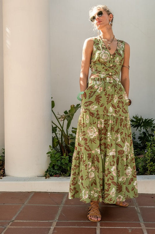 Estella Printed Back Tie Cut Out Vest Top & Maxi Skirt Set
