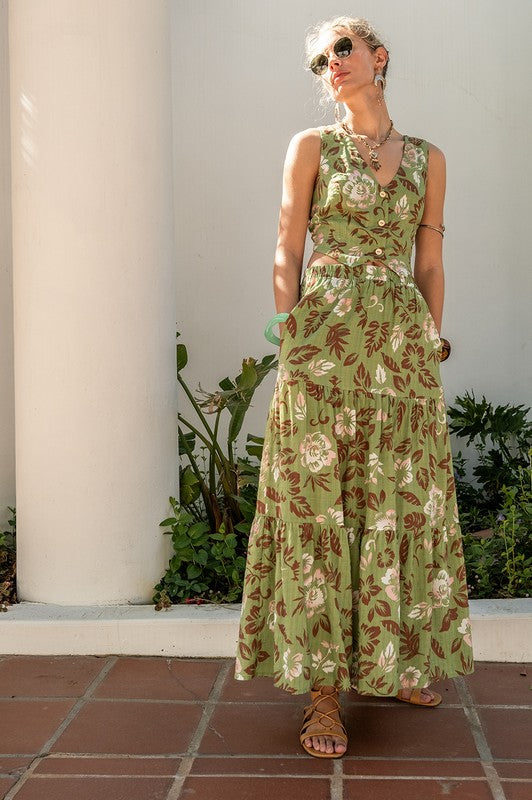 Estella Printed Back Tie Cut Out Vest Top & Maxi Skirt Set