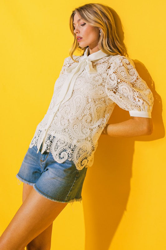 Miriam Button Down Lace Puff Sleeve Top