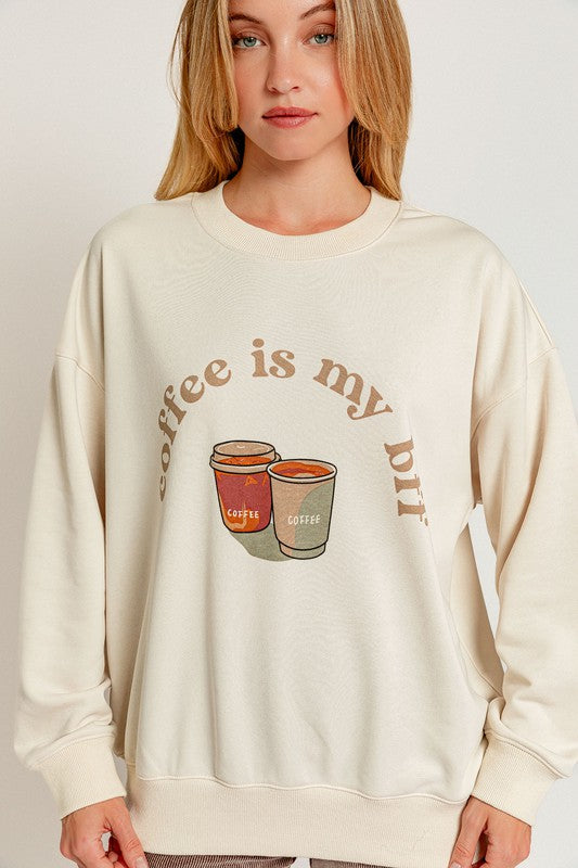 "Coffee Is My BFF" Graphic Crew Neck Sweatshirt