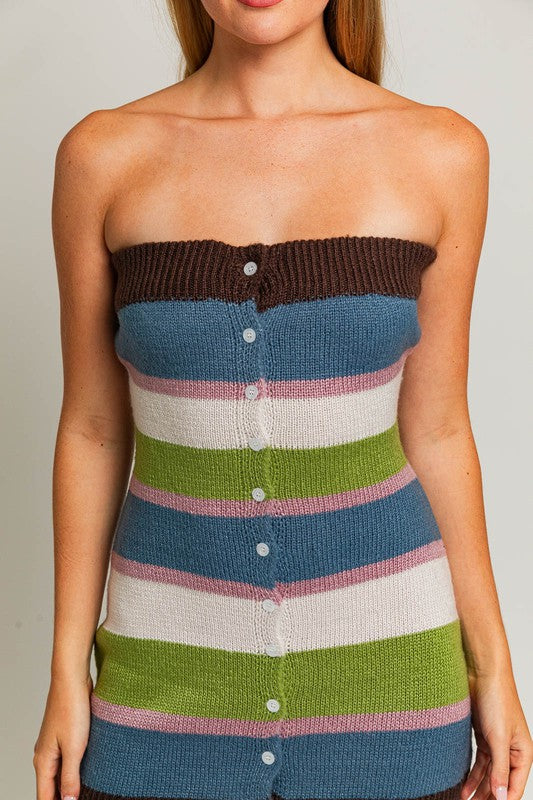 Rihanna Strapless Striped Sweater Mini Dress