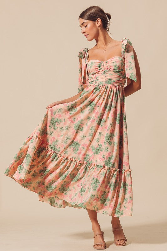 Tilly Sweetheart Shoulder Tie Floral Midi Dress