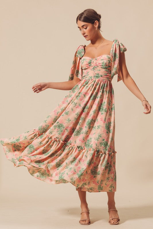 Tilly Sweetheart Shoulder Tie Floral Midi Dress