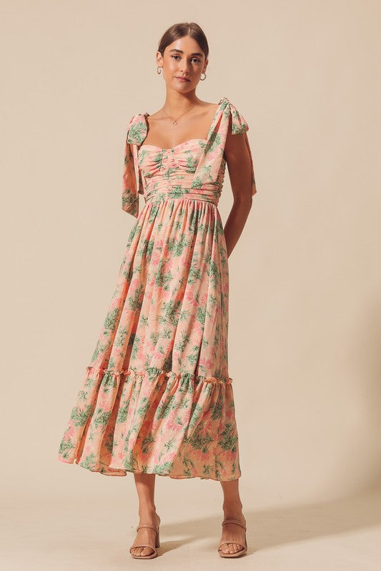 Tilly Sweetheart Shoulder Tie Floral Midi Dress