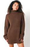 Odette Ribbed Turtle Neck Long Sleeve Sweater Dress - Brown