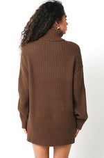 Odette Ribbed Turtle Neck Long Sleeve Sweater Dress - Brown