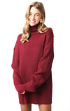 Odette Ribbed Turtle Neck Long Sleeve Sweater Dress - Burgundy