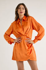 Frida Satin Collared Ruched Mini Dress - Orange