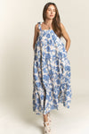 Tiffany Eyelet Floral Tiered Shoulder Tie Maxi Dress - Blue