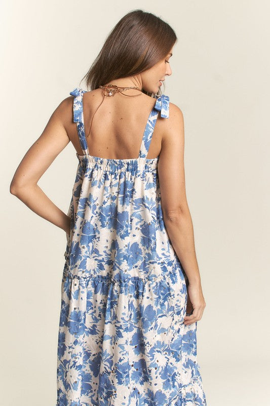 Tiffany Eyelet Floral Tiered Shoulder Tie Maxi Dress - Blue