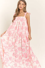 Tiffany Eyelet Floral Tiered Shoulder Tie Maxi Dress - Pink