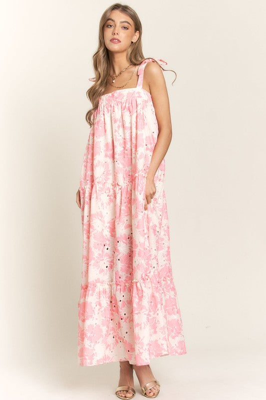 Tiffany Eyelet Floral Tiered Shoulder Tie Maxi Dress - Pink