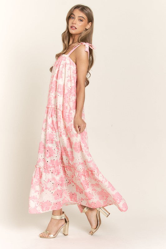 Tiffany Eyelet Floral Tiered Shoulder Tie Maxi Dress - Pink