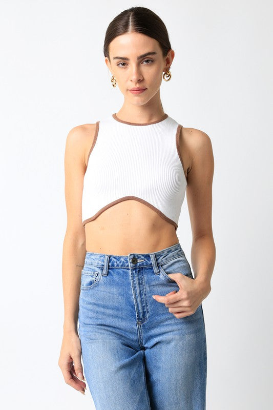 Londin Ribbed Contrast Knit Crop Top - White/Brown