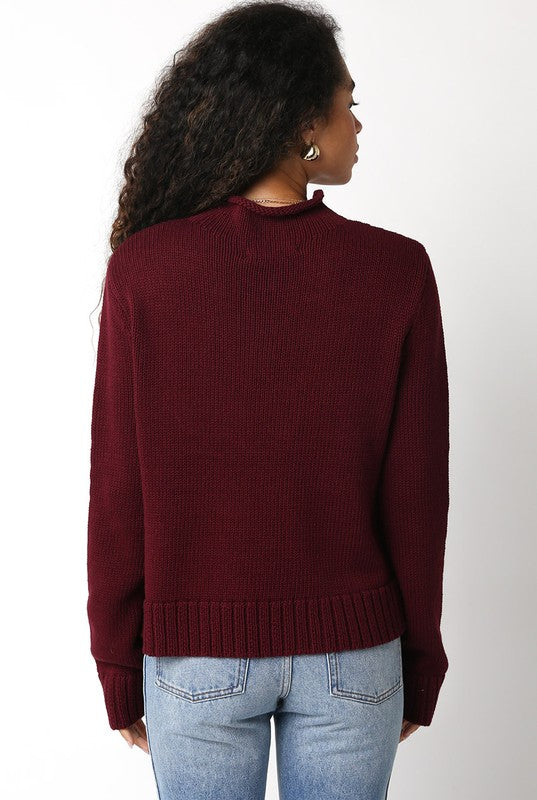 Shelly Mock Neck Long Sleeve Knit Sweater - Burgundy