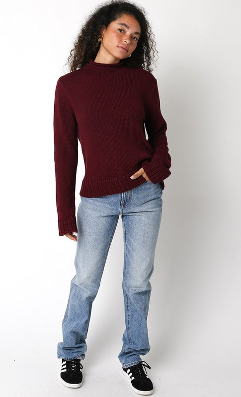 Shelly Mock Neck Long Sleeve Knit Sweater - Burgundy