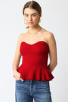 Cassie Strapless Knit Peplum Top - Crimson Red