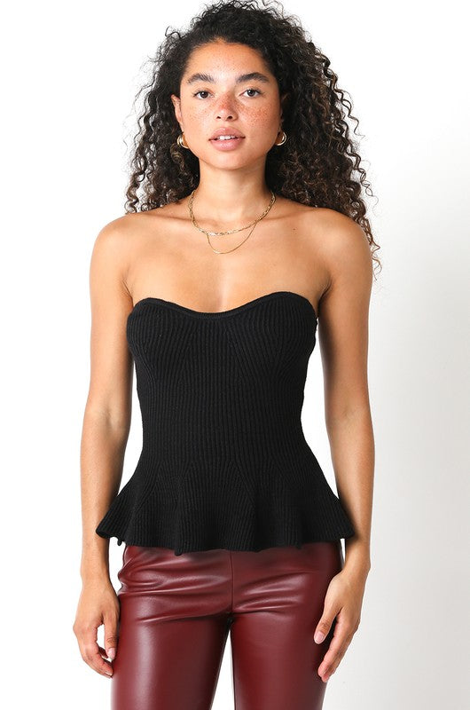 Cassie Strapless Knit Peplum Top - Black