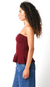 Cassie Strapless Knit Peplum Top - Burgundy