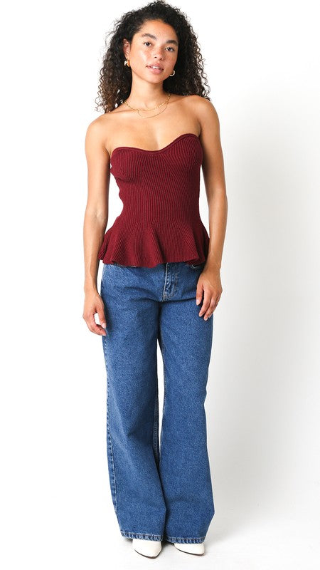 Cassie Strapless Knit Peplum Top - Burgundy