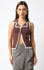 Darla Contrast Sweater Vest Top - Brown/Cream