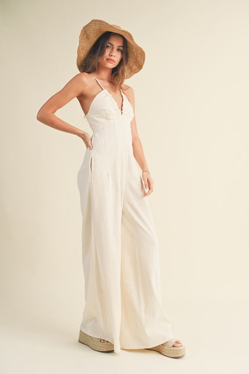 Abena Washed Plunge Neckline Tie Back Jumpsuit