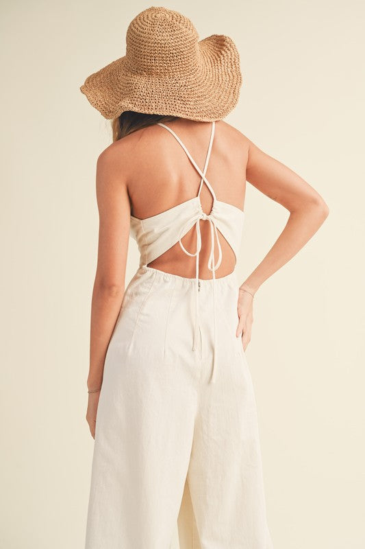 Abena Washed Plunge Neckline Tie Back Jumpsuit