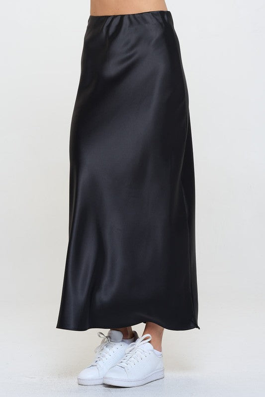 Ember Satin Silky Midi Skirt - Black