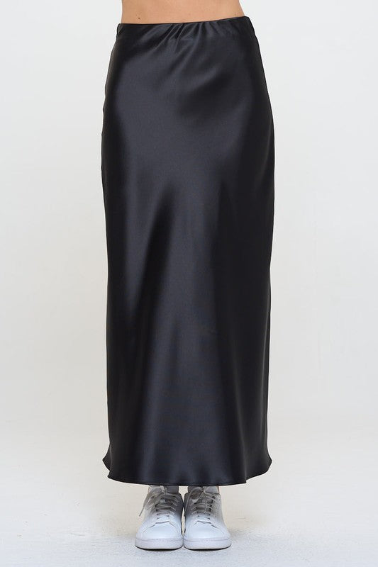 Ember Satin Silky Midi Skirt - Black