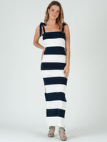 Lin Stripe Knit Shoulder Tie Maxi Dress