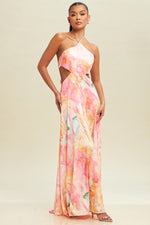 Ariella Cut Out Halter Watercolor Print Maxi Dress - Pink/Multi