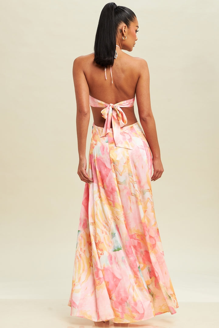 Ariella Cut Out Halter Watercolor Print Maxi Dress - Pink/Multi