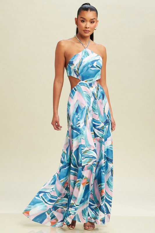 Ariella Cut Out Halter Geometric Print Maxi Dress - Blue/Multi