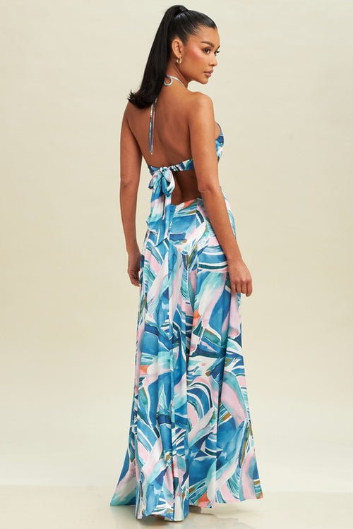 Ariella Cut Out Halter Geometric Print Maxi Dress - Blue/Multi