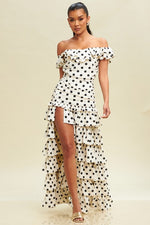 Belle Polka Dot Off The Shoulder Ruched Maxi Dress - Ivory/Black