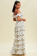 Belle Polka Dot Off The Shoulder Ruched Maxi Dress - Ivory/Black