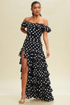 Belle Polka Dot Off The Shoulder Ruched Maxi Dress - Black/Ivory