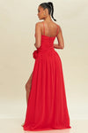 Hailey Rosette Detail High Slit Maxi Gown Dress - Red