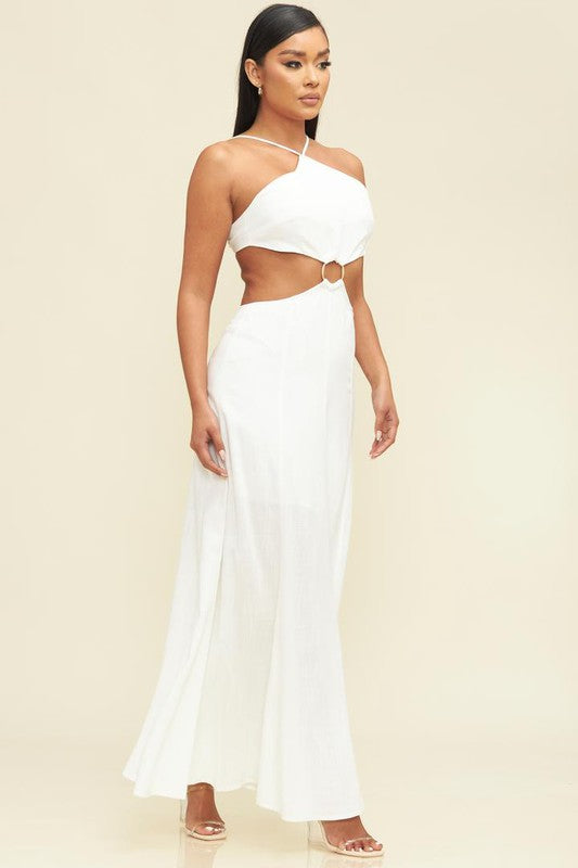 Joelle Linen Ring Detail Cut Out Maxi Dress - White