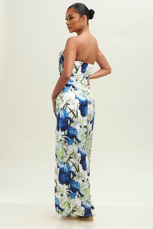 Lenia Strapless Satin Floral Twist Maxi Gown Dress -Blue/Green/White