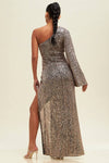 Lennox Sequin One Shoulder High Slit Maxi Gown Dress - Rose Gold