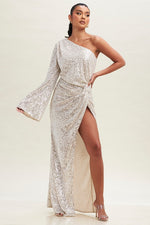 Lennox Sequin One Shoulder High Slit Maxi Gown Dress - Silver