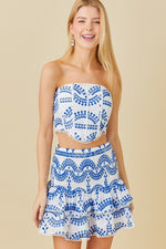 Lala  Eyelet Smocked Top & Ruffle Mini Skirt Set