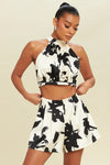 Georgina Floral Halter Crop Top & Shorts Set - Black/White