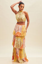 Raya Patchwork Halter Top And Tiered Maxi Skirt Set - Yellow Multi