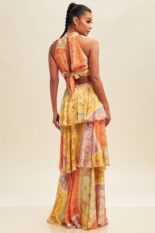 Raya Patchwork Halter Top And Tiered Maxi Skirt Set - Yellow Multi