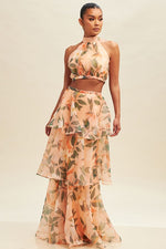 Raya Halter Top And Tiered Maxi Skirt Set - Peach Floral